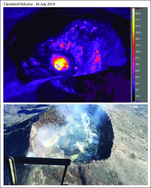 Images of Cleveland's summit crater and lava dome on 26 July 2016. Top image is infrared (warmer colors = hotter temperatures) (image: John Lyons / AVO)