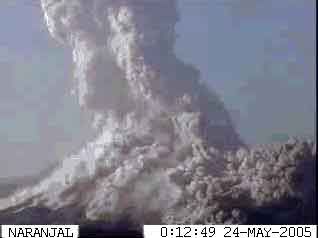 Livecam iimage showing the pyroclastic flows generated by the eruption of Colima volcano on 23 May, 2005.