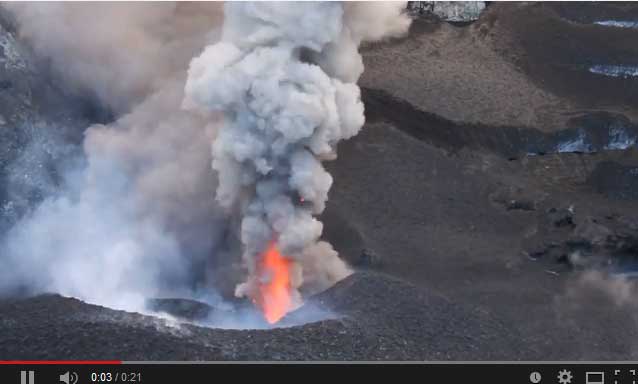 Screenshot of a video from 3 Dec looking at the erupting vent in Copahue's crater (Robin Campion, Univ. Mexico)