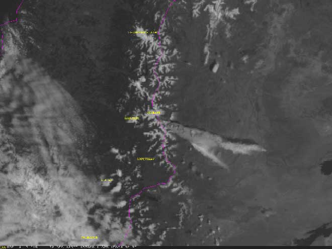An initial ash plume from Copahue spreading to the ENE, image from NOAA