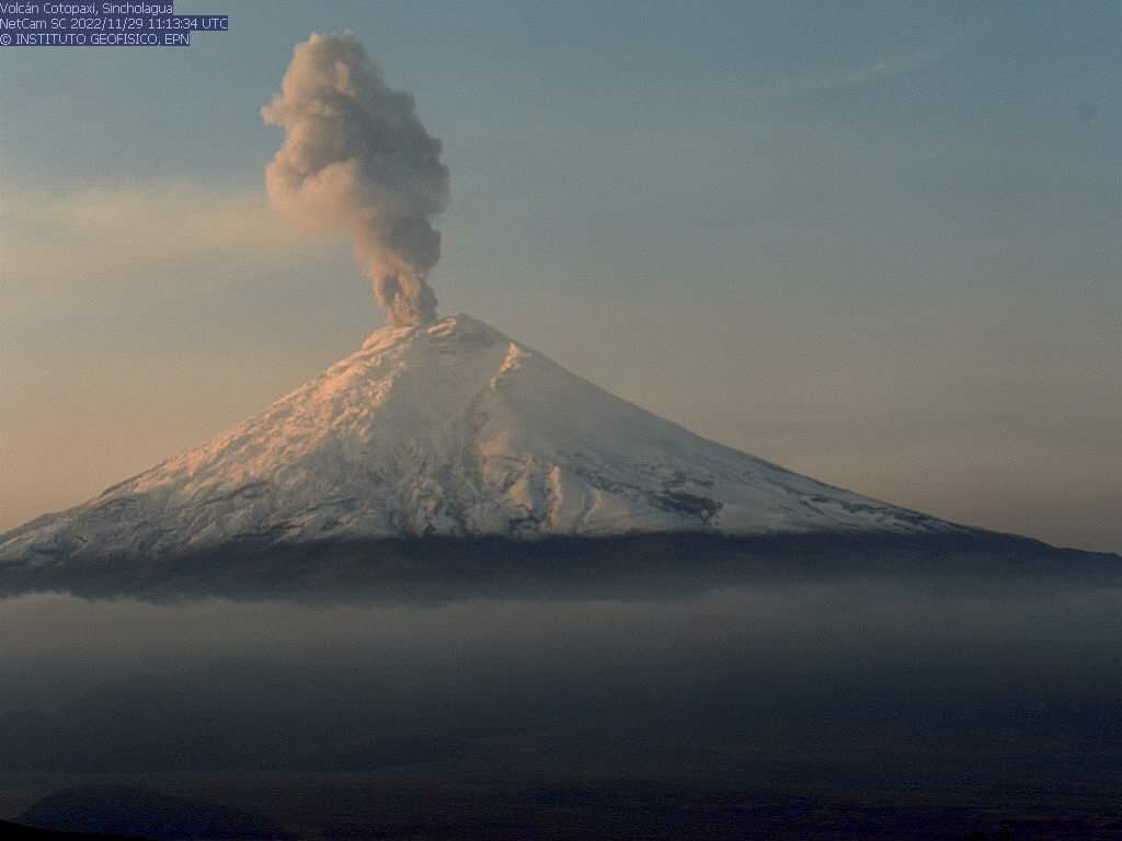 White-to-grey ash column from Cotopaxi volcano today at about noon (image: IGEPN)