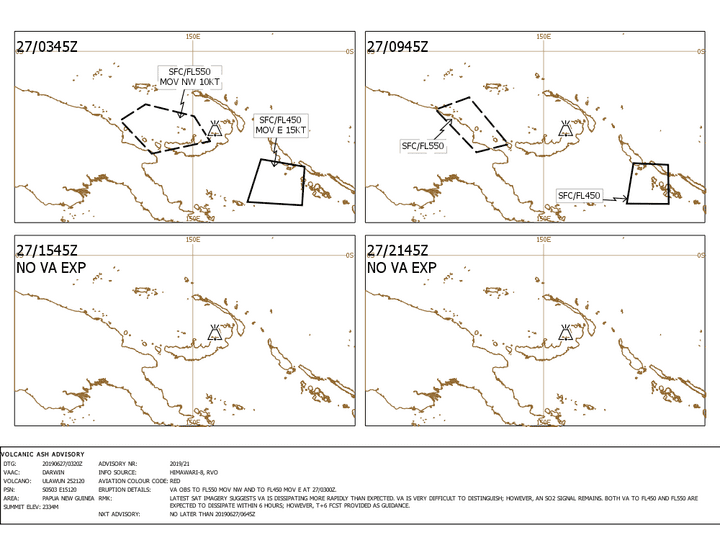 Current ash cloud forecast for the remnant ash ejected during the major eruption of Ulawun volcano yesterday (image: VAAC Darwin)