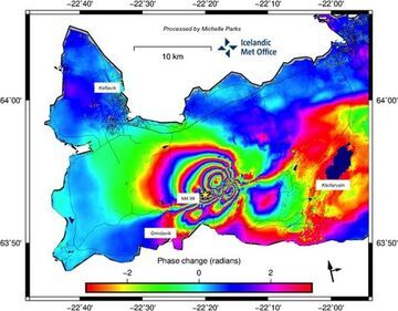 Latest satellite images and GPS data show that accumulation of magma is concentrated at the southern part of the dike beneath Mt. Fagradalsfjall. This is the most likely site for a possible eruption. InSAR image reflects changes between March 3 to March 9 2021. Image contains modified Copernicus Sentinel data [2021] (image: IMO)