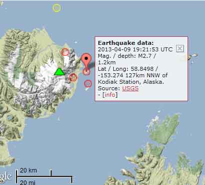 Map of recent quakes at Douglas volcano in Alaska
