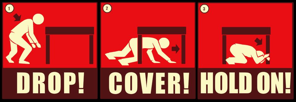 Drop, Cover, and Hold On - the most widely accepted general rule in case you are caught in a quake (source: Earthquake Country Alliance)