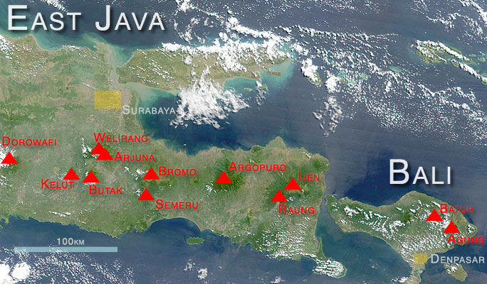 Location map of major active volcanoes in East Java and on Bali (satellite image: NASA).