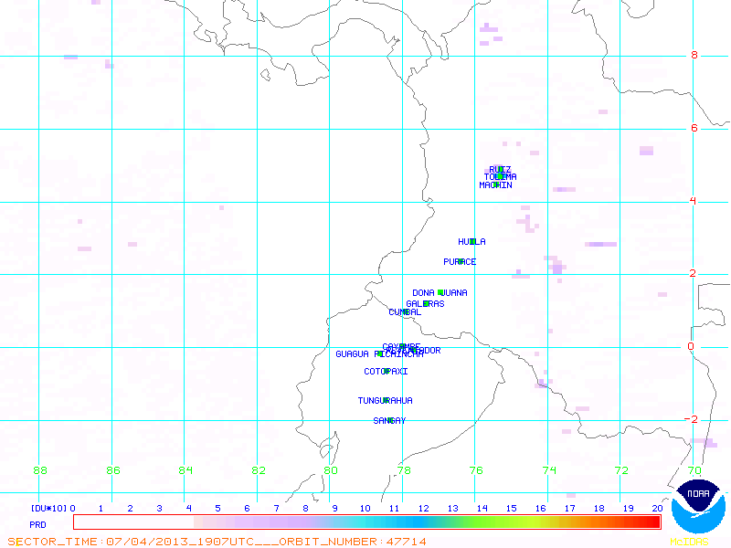 SO2 plume at Galeras on 4 July (NOAA)