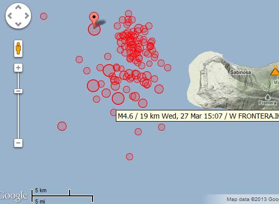 Map of today's earthquakes at El Hierro (the larger circles are magnitude 4 quakes)