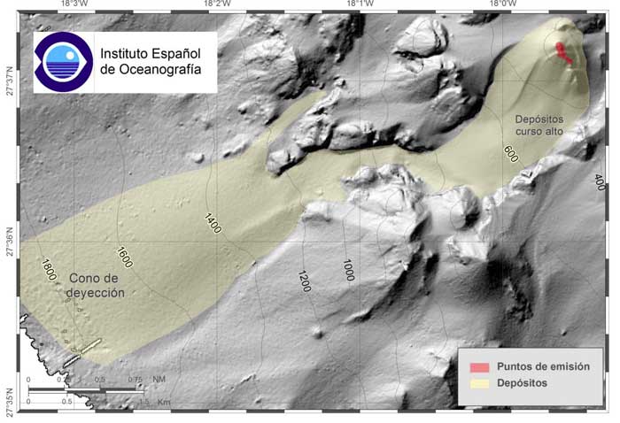 New bathymetric map of the submarine topography south of El Hierro showing the new cone (Informe de campaña BIMBACHE1011‐11, Español Instituto Oceanográfico)