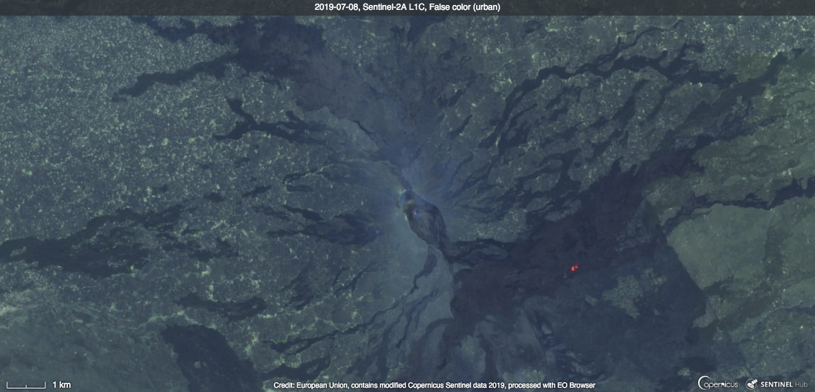 Satellite image of Erta Ale from yesterday with hot spots on the SE flank and at the summit (image: Sentinel Hub)