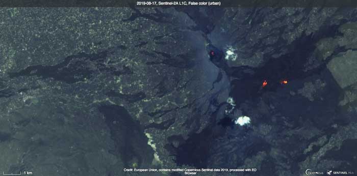 Satellite image of Erta Ale from 17 Aug 2019 showing the areas of new lava flows at the surface (image: Sentinal-hub)