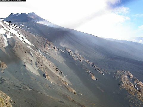 Webcam image of the New SE crataer with the suspected new vent (bluish degassing) at its base