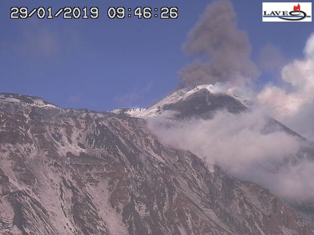 Ash emissions from Etna this morning from Bocca Nuova visible in backgroun, with the SE crater in front (image: LAVE webcam)