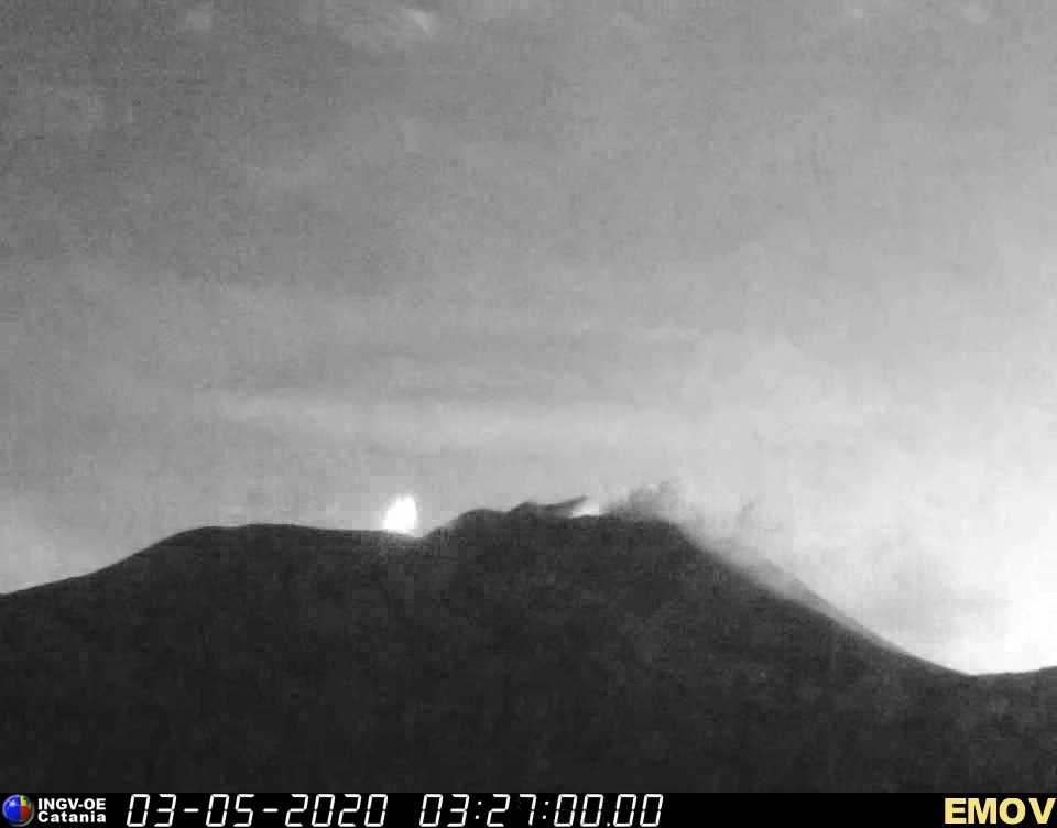 Strombolian activity from both Voragina (l) and New SE crater yesterday morning (image: INGV webcam)