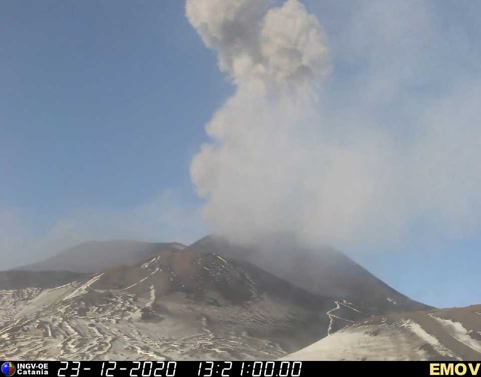 Ash emission from the saddle vent of the New SE crater in the early afternoon