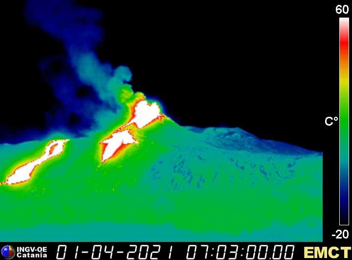 Activity from Etna's New SE crater with two lava flows into Valle del Bove (image: INGV themal webcam on east flank)