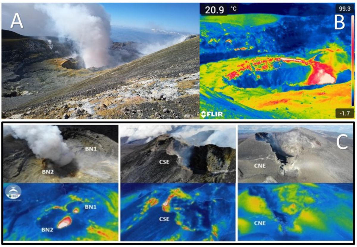 Visual and thermal images of Etna's Bocca Nuova, Central and NE craters in Oct 2022 (image: INGV Catania)