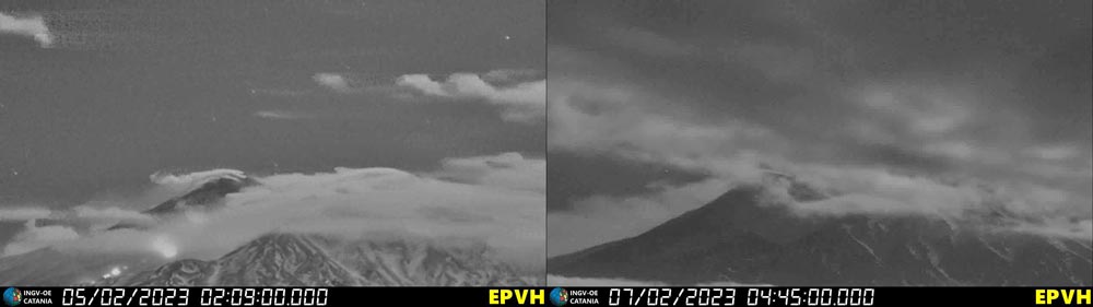 Etna's effusive activity last clearly seen two days ago (l) and no apparent activity this morning (r) from INGV Catania's webcam on the eastern flank