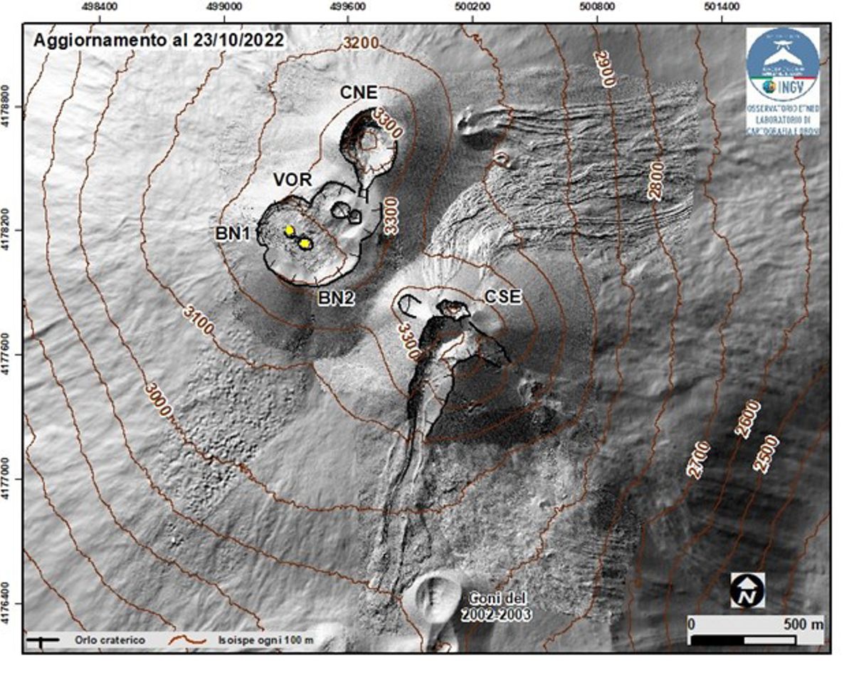Map of Etna's summit craters as of 23 Oct 2022 (image: INGV Catania)