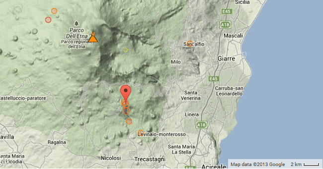 Map of yesterday's earthquakes under Etna (marker shows one of the two mag 2.7 events)