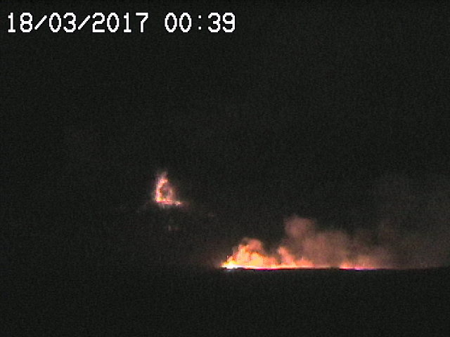 Strombolian activity at the New SE cone and the new lava flow from the fissure at its base (Radiostudio 7 webcam from Montagnola, view from S)