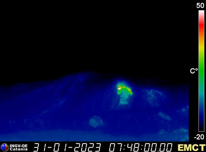 Thermal image Etna's summit area seen from the east, showing the SE crater complex and the effusive vents as of this morning (image: INGV Catania)