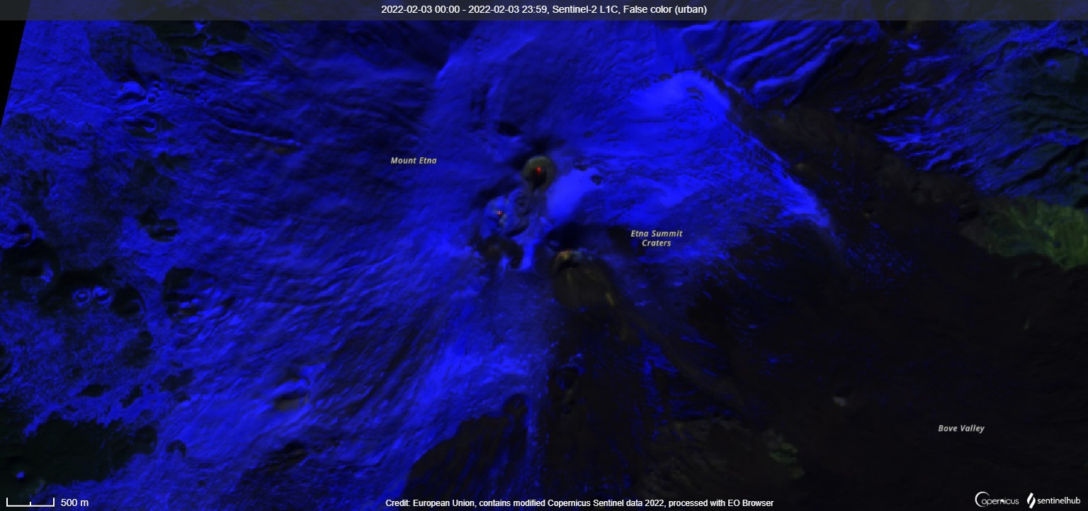 Satellite image from yesterday detected glowing craters only (image: Sentinel 2)