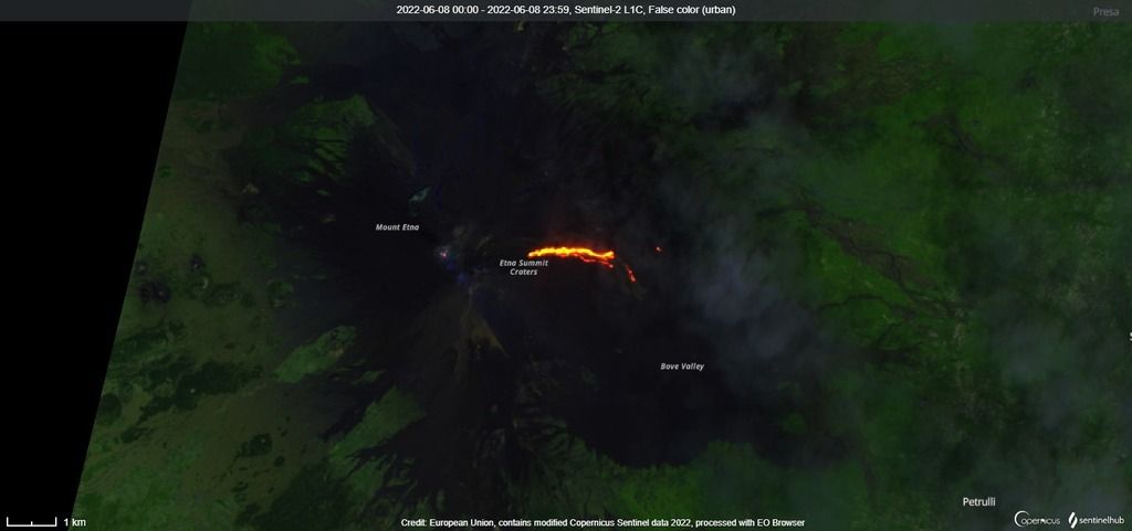 The satellite image depicts the active lava flow and the cooling lava on the N flank on 8 May (image: Sentinel 2)