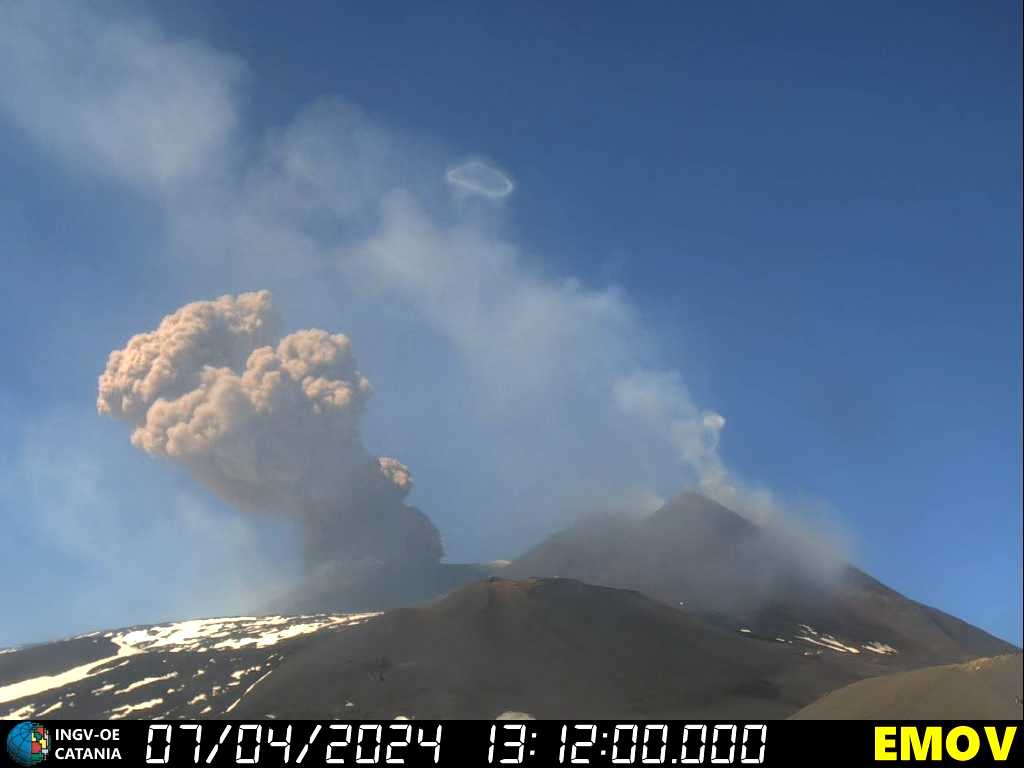 Dense ash emissions and smoke rings from Etna yesterday (image: INGV)