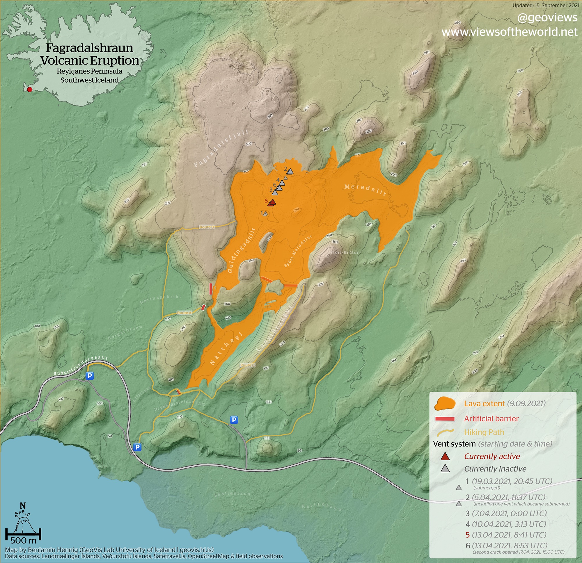A new lava flow map of the current eruption from 15 September (image: @geoviews/twitter)