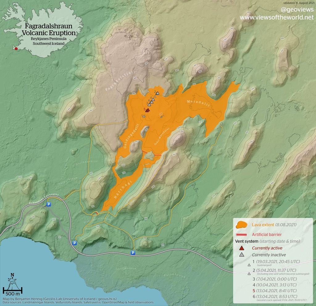 A new lava flow map from 11 August shows artificial barriers (image: @geoviews/twitter)