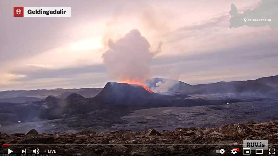 Lava overflow from the main vent at the Reykjanes eruption in Iceland this morning (image: RUV webcam)