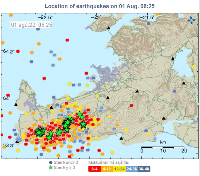 Earthquakes at Reykjanes Peninsula in the last 48 hours (image: IMO)