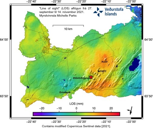 Yellow-to-red colors depict a new inflation on the Reykjanes peninsula (image: IMO)