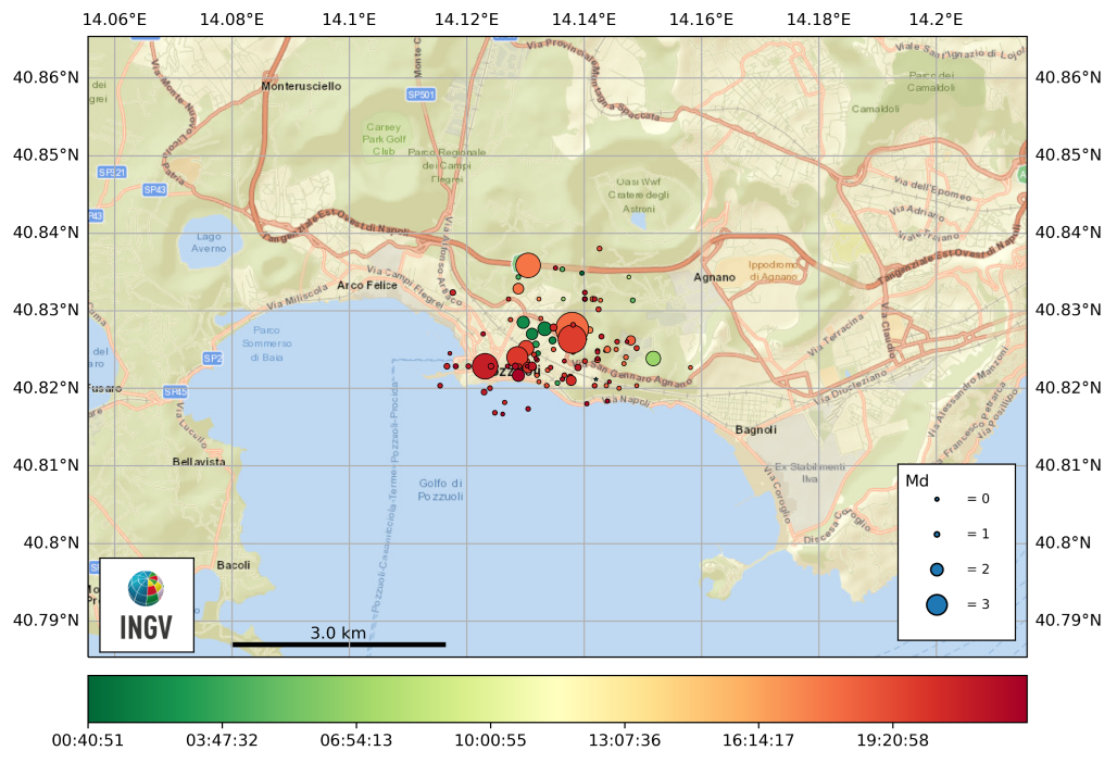 The map depicts a distribution of the latest seismic crisis yesterday (image: INGV)