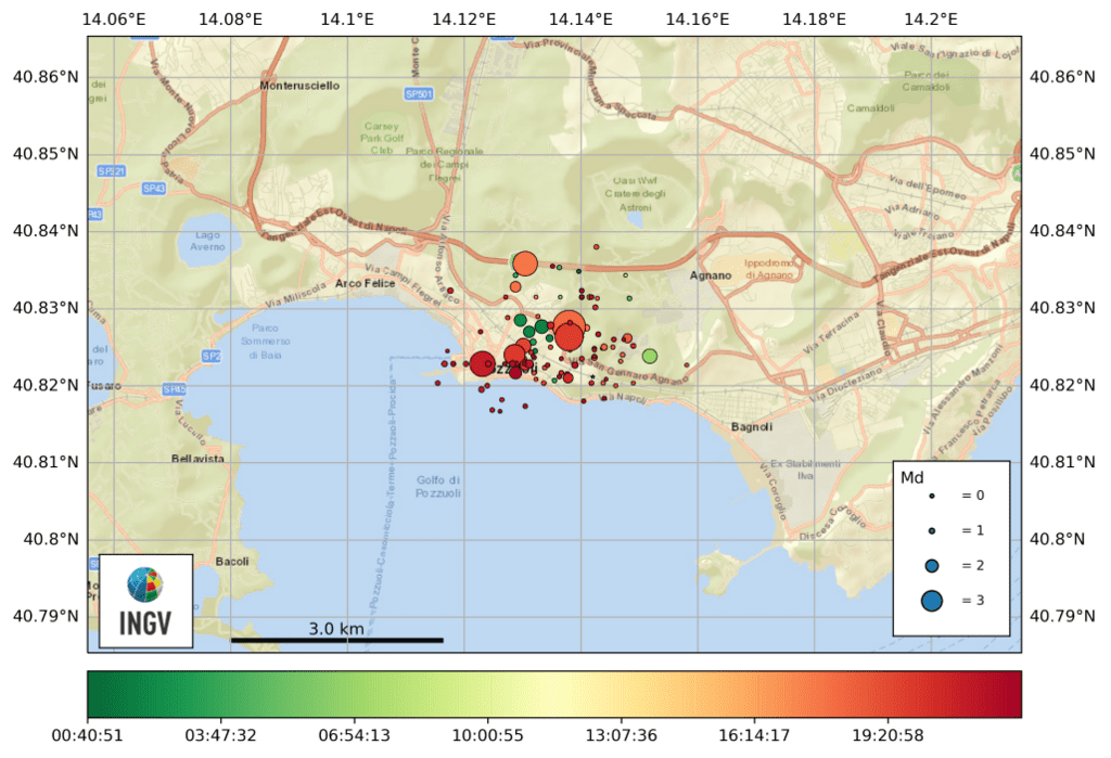 The map depicts a distribution of the latest seismic crisis yesterday (image: INGV)