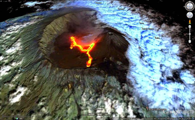 Lava flows at Fogo (credit: Landsat image on Google Earth / Peter Webley)