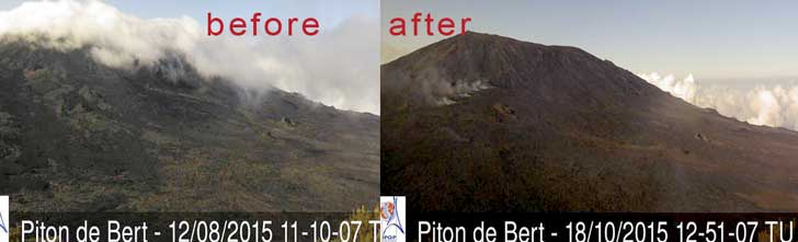 View of Piton del la Fournaise's eruption site from Piton Bert webcam before and after the eruption (note some cones have almost disappeared under the new lava)