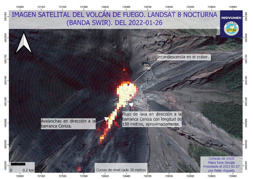The lava flow has been traveling over the S-SW flank of Fuego volcano (image: INSIVUMEH)