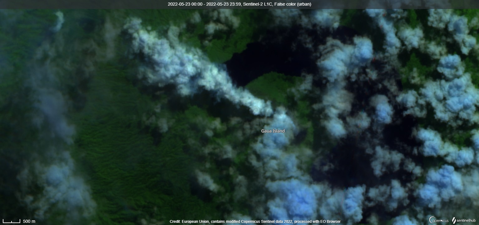 Emissions steam, gas and ash from Gaua volcano visible from satellite on 23 May (image: Sentinel 2)
