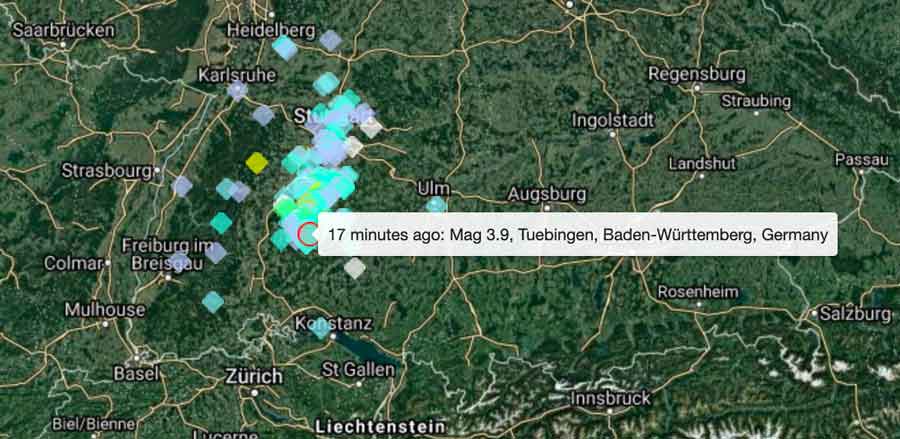 Der heutige Erdbebenort in Deutschland und Nutzerberichte
