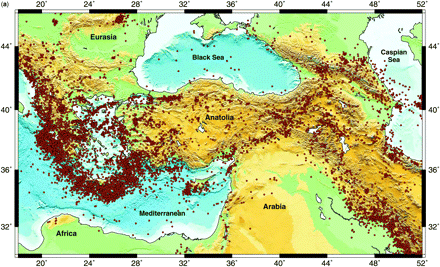 Seismicity of the Eastern Mediterranean region showing quakes during 1973–2007 with magnitudes for M3 and larger. The relatively seismic inactive zone of the Cyclades is seen clearly. (Taymaz et al. 2007)