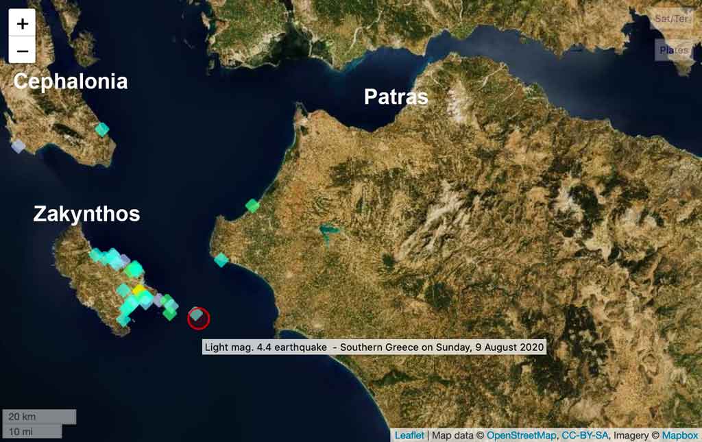 Loctions and felt intensity of this morning's earthquake near Zakynthos Island, Greece