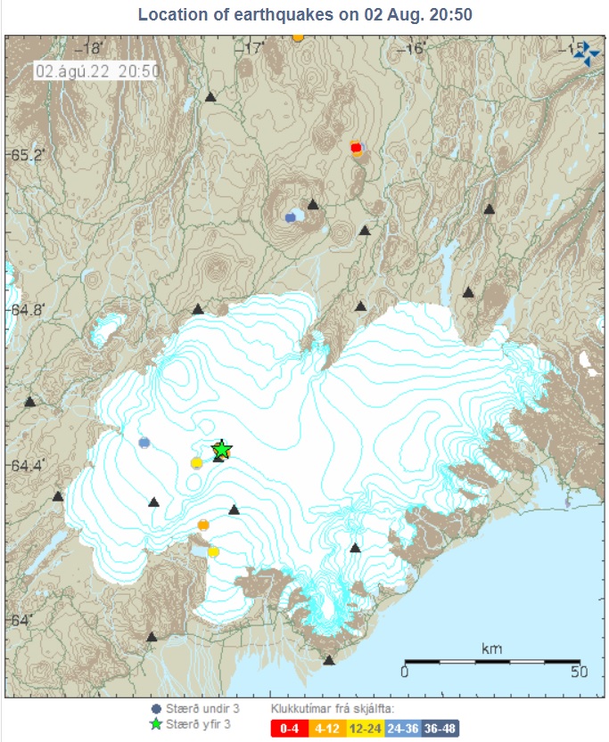 Earthquake M 3.6 (green star) location under Grimsvötn volcano (image: IMO)