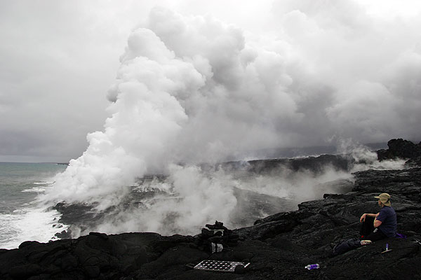 The lava bench and the steam plume