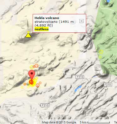 Epicenters of recent earthquakes south of Hekla