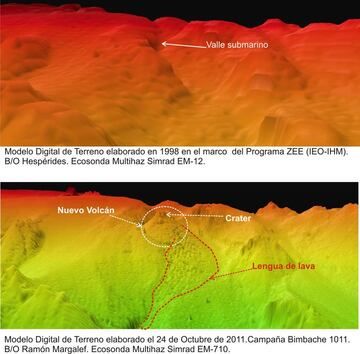 Digial elevation models presented by IEO showing the vent area before (a) the eruption and at present (b), with the new crater and even what is likely submarine lava flows. Images: Instituto Español de Oceanografía (IEO)