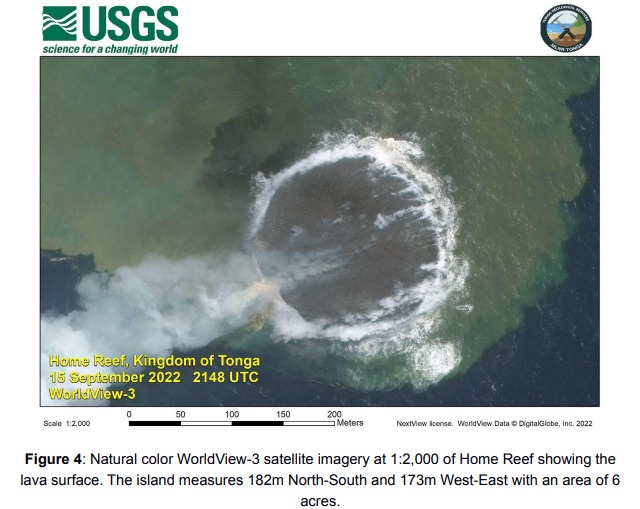 Natural colored satellite image of the new island at Home Reef volcano from 15 September showing lava surface (image: USGS)