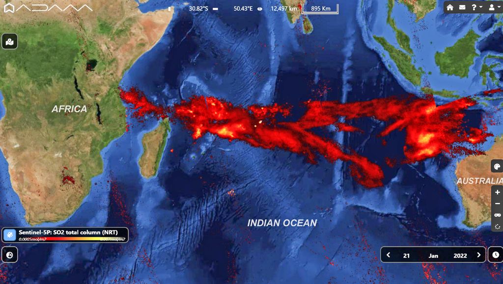 SO2 emissions approached Madagascar and East Africa today (image: ADAM Platform)