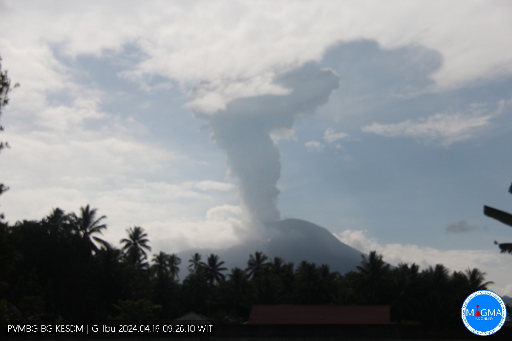 The towering pillar of ash, gas and other ejecta from Ibu volcano this morning (image: PVMBG)